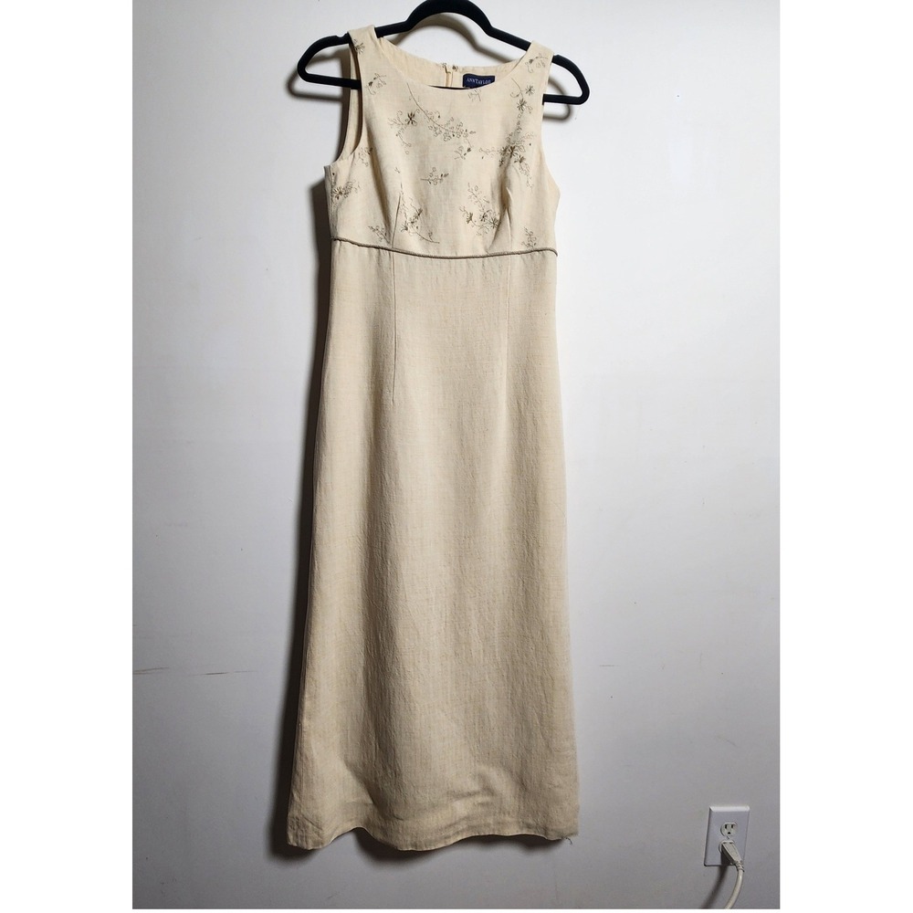 Vtg Ann Taylor Linen Viscose Column Dress Embroidered Sz 4 Empire Waist Lined